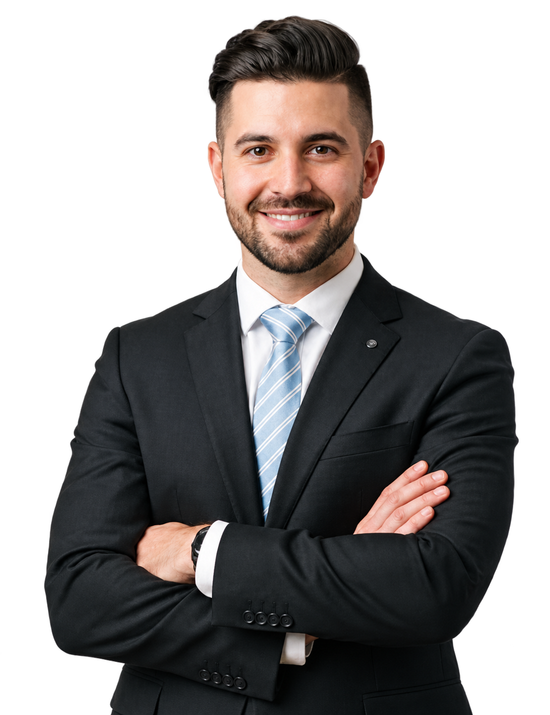 Illustrative portrait of a smiling professional in a dark suit