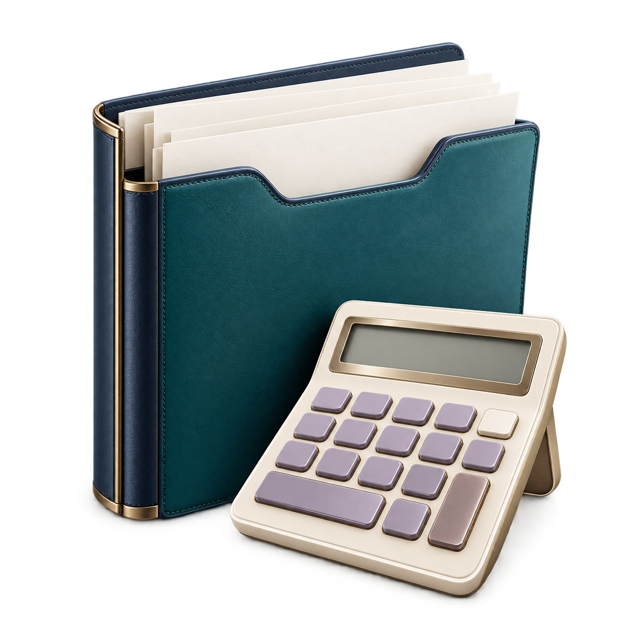 A teal document folder with ivory papers and a lavender-accented calculator