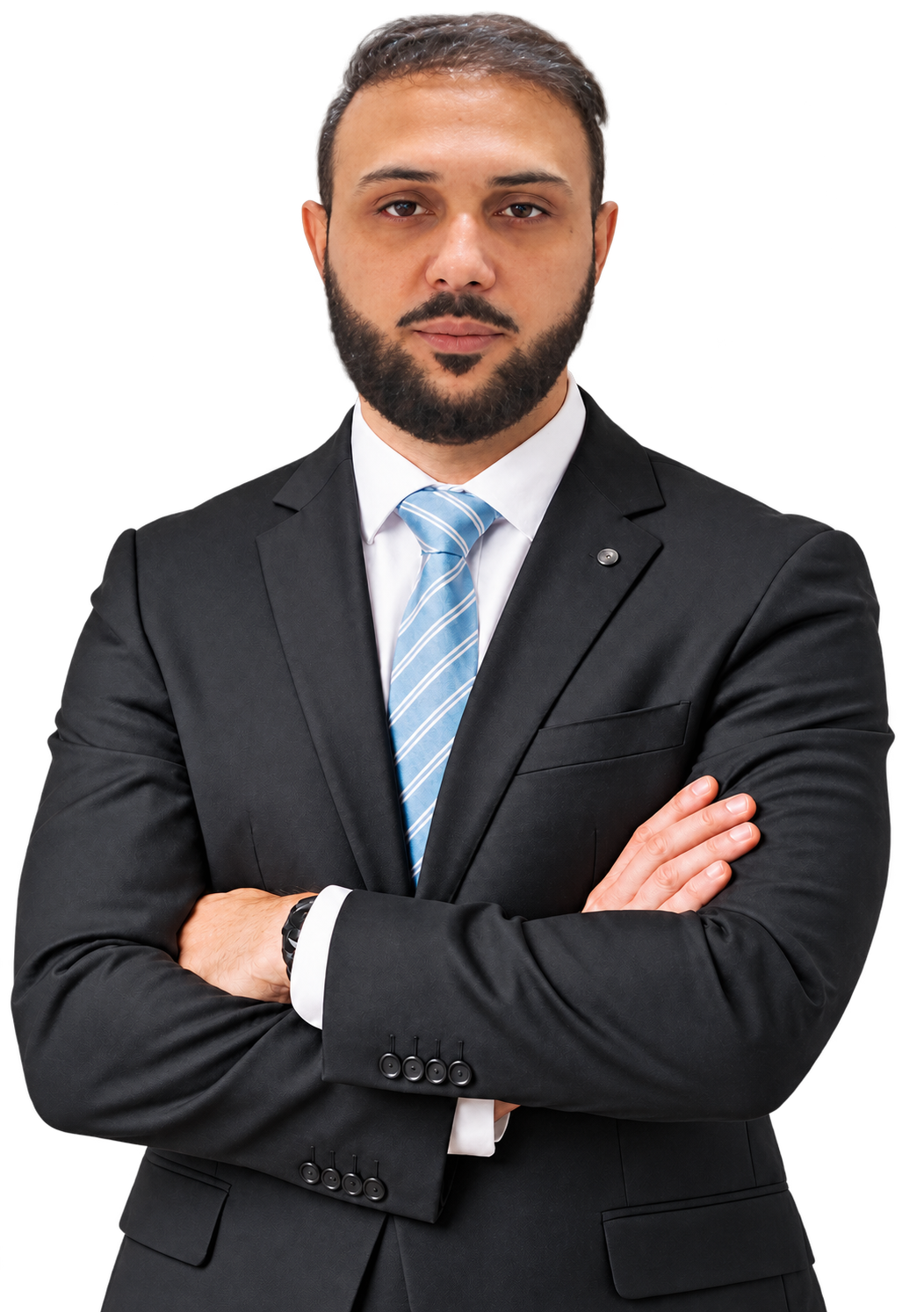 Portrait of a professional in a dark suit with folded arms